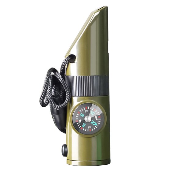Rodiuiu 7-In-1 Multifunctional Whistle with Compass Thermometer Magnifier Reflector Mirror LED Light Outdoor Hiking Hunting Camping Emergency Survival Tool