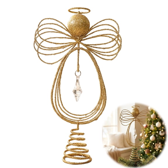 Rodiuiu Angel Christmas Tree Topper, Gold Glitter Metal Wire Angel Tree Crown Ornament for Holiday Home Decor And Seasonal Indoor Christmas Tree Decorations