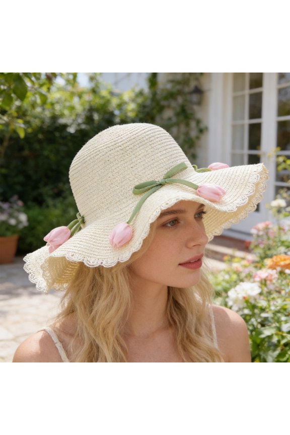 Beach Hat Wave Lace Trim Design Tulip Bow Decor Full Face Sun Protection Large Brim UV Blocking Summer Straw Hat