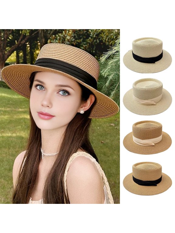 Flat Straw Hat Natural Straw Weaving Wide Brim Sun Hat Summer Beach Sun Protection Hat with Ribbon Bow