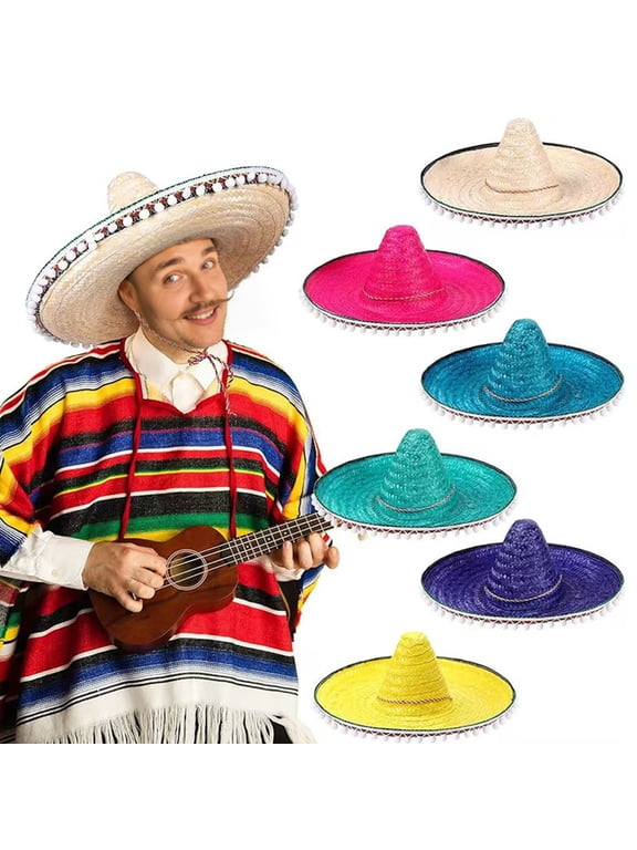 Mexican Sombrero with Colorful Poms, Hawaiian Style Woven Straw Sun Hat, Wide Brim Lightweight Party Costume Hat for Summer Beach Travel Halloween Decor, Unisex Outdoor Sun Protection Hat