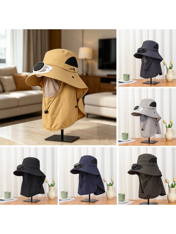 Solar Fan Sun Hat Outdoor Cooling Fan Hat with Neck Flap Face Protection Cover Wide Brim Breathable Sun Protection Cap for Hiking Fishing
