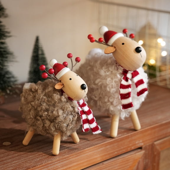 Rodiuiu Wooden Christmas Sheep Figurine with Scarf Santa Hat, Plush Fleece Lamb Tabletop Ornament, Rustic Holiday Desktop Window Display Decor