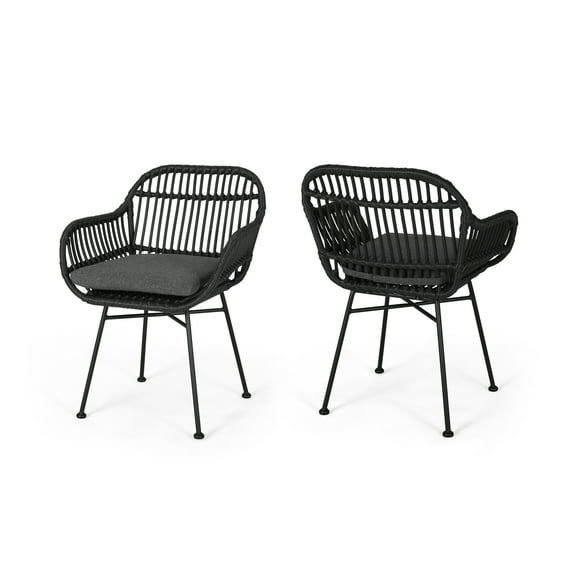 Rodney Indoor Woven Faux Rattan Chairs with Cushions (Set of 2), Gray and Dark Gray Finish