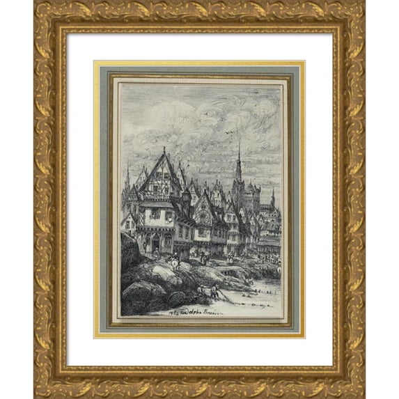 Rodolphe Bresdin 15x18 Gold Ornate Wood Frame and Double Matted Museum Art Print Titled - Fishing Port (1864)