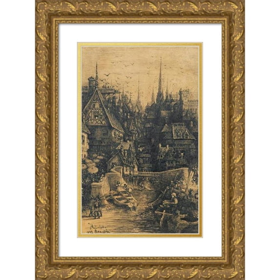 Rodolphe Bresdin 17x24 Gold Ornate Framed and Double Matted Museum Art Print Titled - View Of A Medieval City (1882)