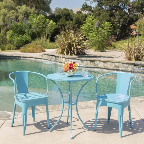Rodriguez Outdoor 3 Piece Iron Bistro Set, Matte Blue