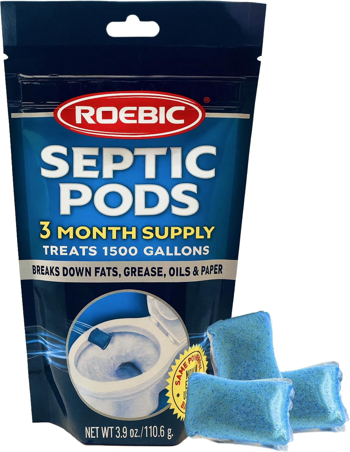 Roebic Septic Tank Treatment Pods, 3 Month Supply of Easy Flush Dissolvable Packets, Bacterial Enzyme Formula for Clog Prevention, Odor Control, Treats 1500 Gallons, 3 Pods