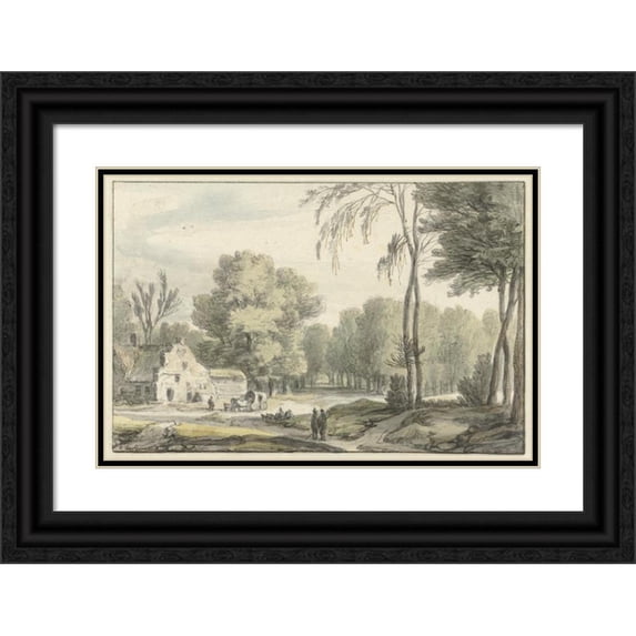 Roelant Roghman 24x17 Black Ornate Framed Double Matted Museum Art Print Titled: Landscape with a Travel Car for a Farm (1637 - 1692)