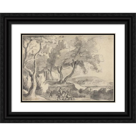 Roelant Roghman 24x18 Black Ornate Framed Double Matted Museum Art Print Titled: Horseman and Attendants at the Edge of a Wood