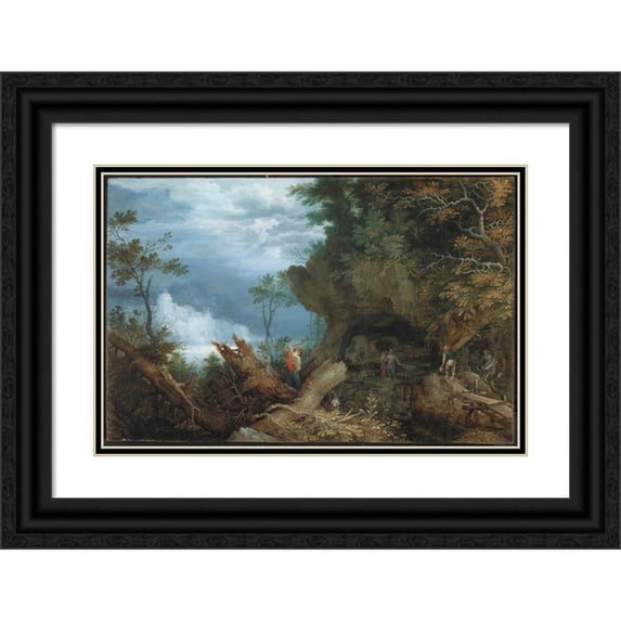 Roelant Savery 14x11 Black Ornate Wood Framed Double Matted Museum Art Print Titled: Mountainous Landscape with an Entrance to a Mine (ca. Between 1612 and 1613)