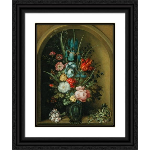 Roelant Savery 19x24 Black Ornate Framed Double Matted Museum Art Print Titled: Mixed Flowers in a Glass Vase with a Lizard Nearby