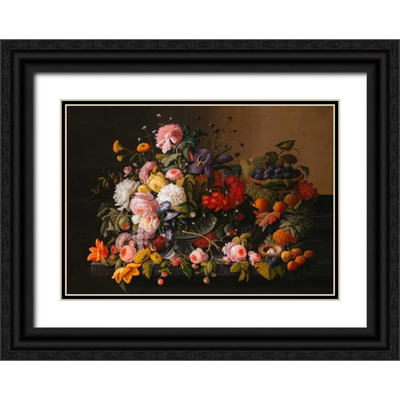 Roesen, Severin 24x18 Black Ornate Wood Framed with Double Matting Museum Art Print Titled - Flowers and Fruits