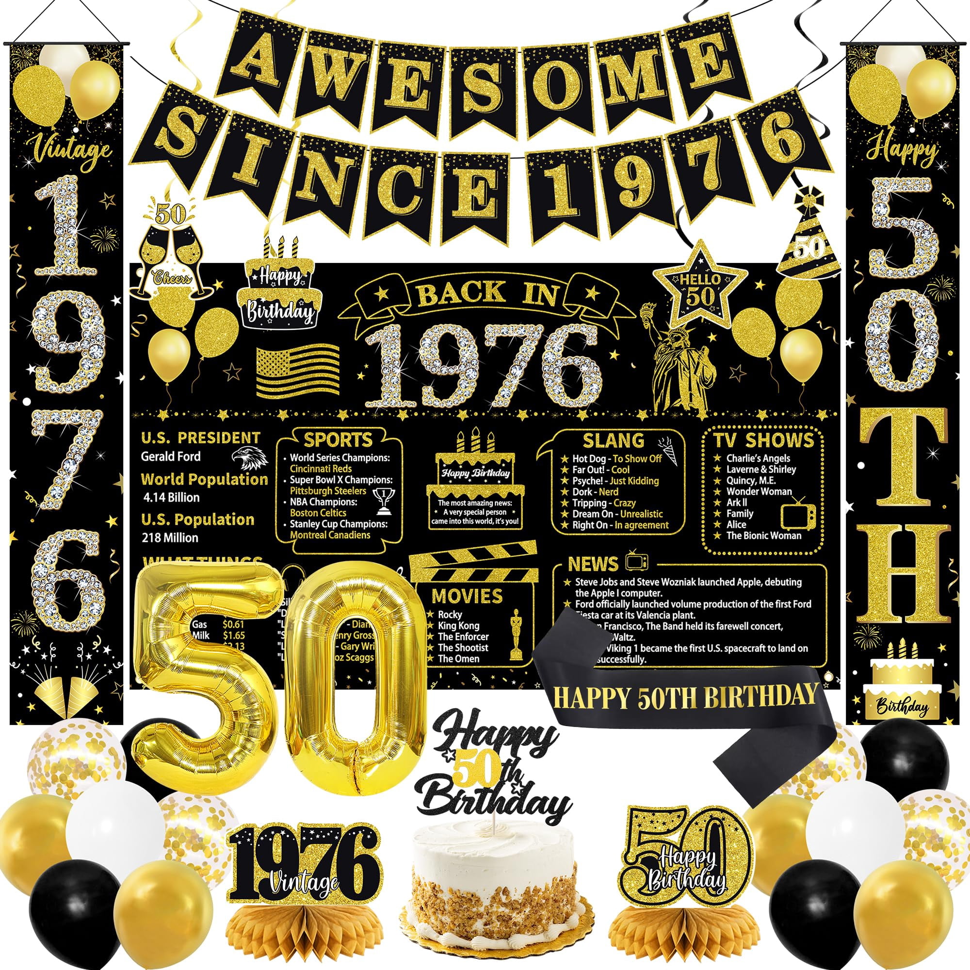 Roetyce 50th Birthday Decorations Men Women, Black Gold in 1976 Poster ...