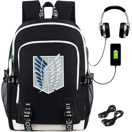 Roffatide Anime Attack on Titan Backpack Survey Corps Wings of Freedom Printed College Bag Laptop Backpack with USB Charging Port & Headphone Port