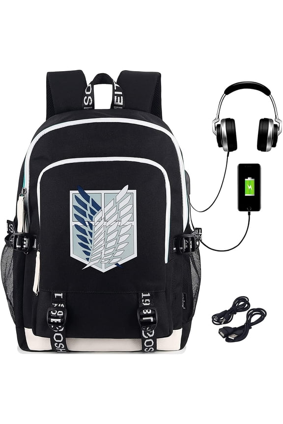 Anime Attack on Titan Backpack Survey Corps Wings of Freedom Printed College Bag Laptop Backpack with USB Charging Port & Headphone Port