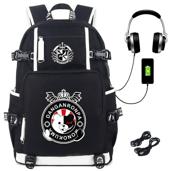 Roffatide Anime Danganronpa Monokuma Printed Backpack Schoolbag Laptop Rucksack with USB Charging Port & Headphone Port Black