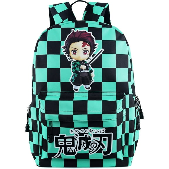 Roffatide Anime Demon Slayer Backpack Black Green Plaid School Bag Large Capacity Laptop Back Pack