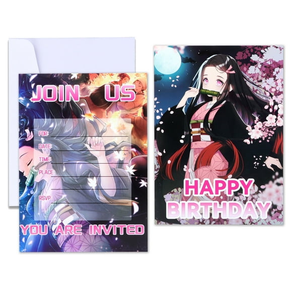 Roffatide Anime Demon Slayer Kamado Nezuko Happy Birthday Invitations with Envelopes, 16 PCS, 5x7 Inches
