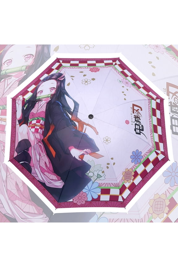 Anime Demon Slayer Kamado Nezuko Pink Travel Umbrella, Windproof, Waterproof, Anti-UV, 1 Count