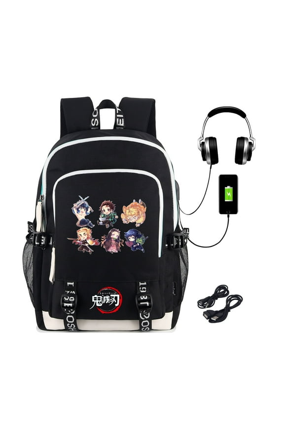 Anime Demon Slayer Printed Backpack Schoolbag Laptop Rucksack Fit 15.6 Inch with USB Charging Port & Headphone Port Black