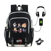 Roffatide Anime Demon Slayer Printed Backpack Schoolbag Laptop Rucksack Fit 15.6 Inch with USB Charging Port & Headphone Port Black