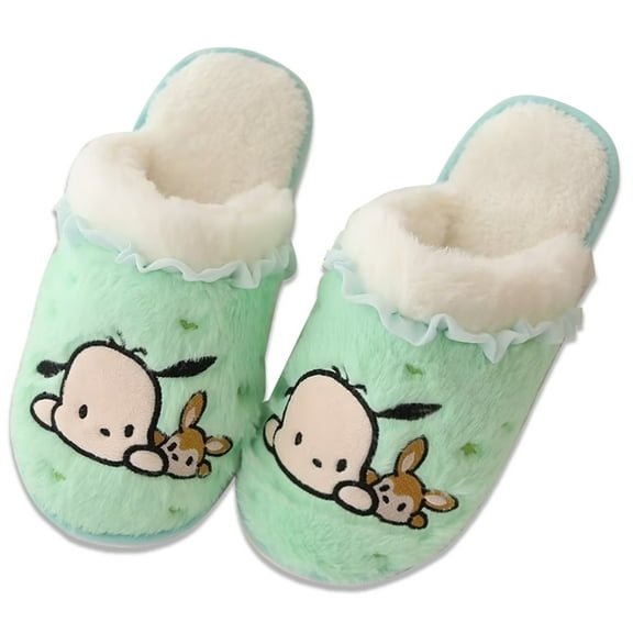 Roffatide Anime Hanton Pochacco Cinnamoroll Cute Plush Open Back Floor Slippers Indoor Shoes Fuzzy Slippers with Rubber Sole for Women