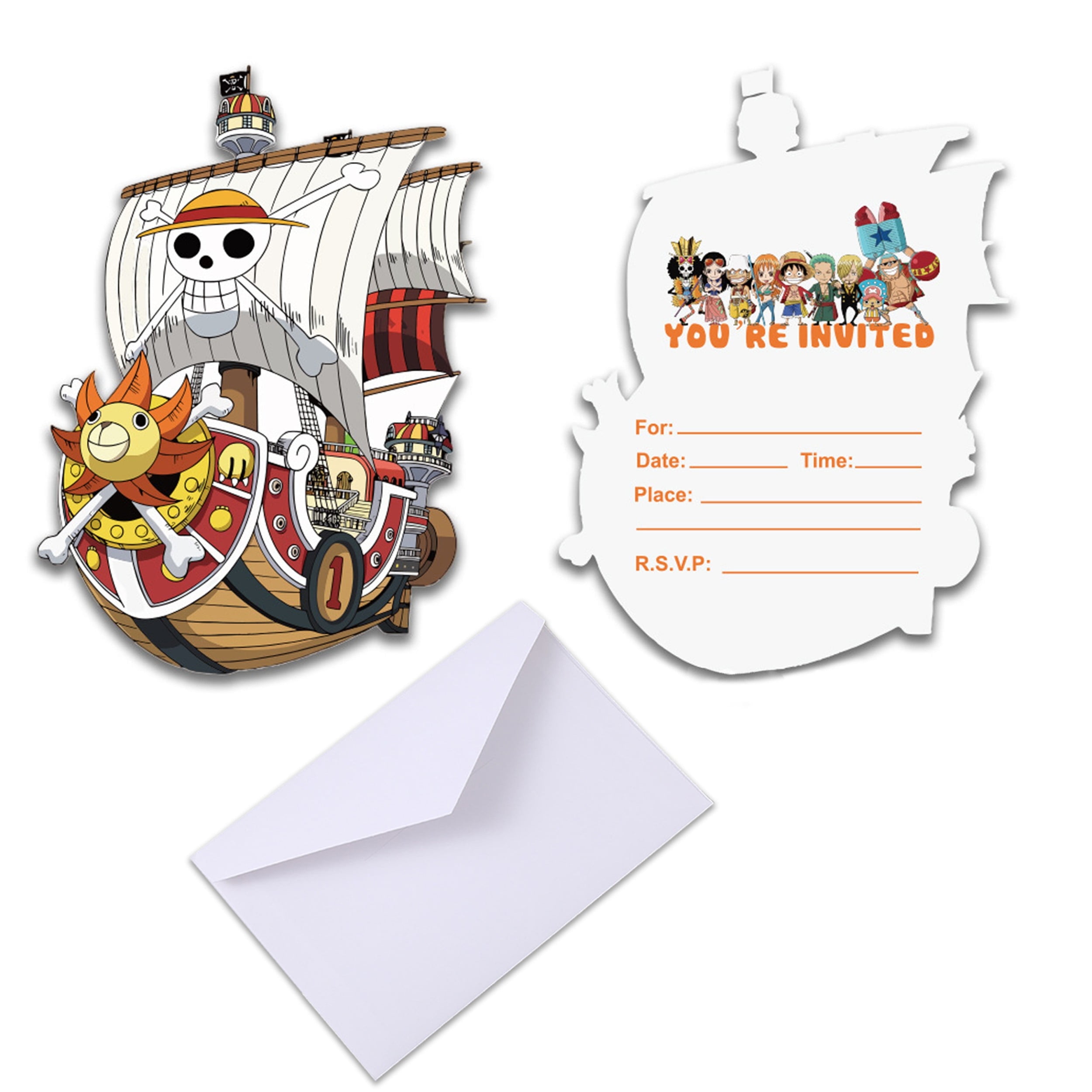 Roffatide Anime Invitations with Envelopes (Set of 12) - Pirate Ship Shaped Fill-in Invitations for Pirate Theme Birthday Party Supplies