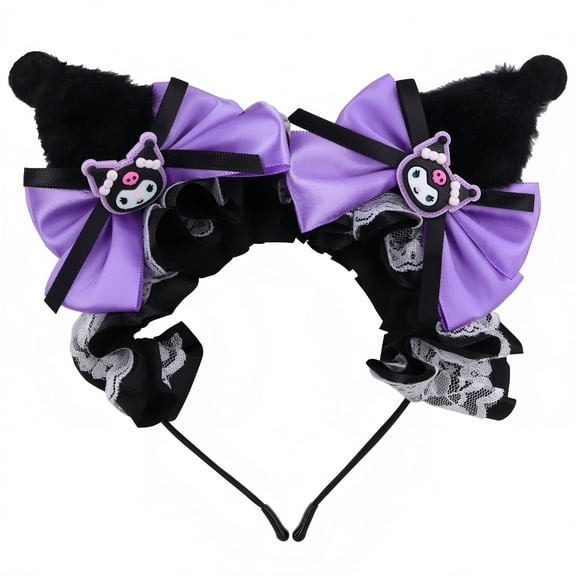 Roffatide Anime Kuromi Hairpin Ear Plush Headband With Bows & Lace Ribbons Kawaii Costume Christmas Holiday Party Birthday Gift Black