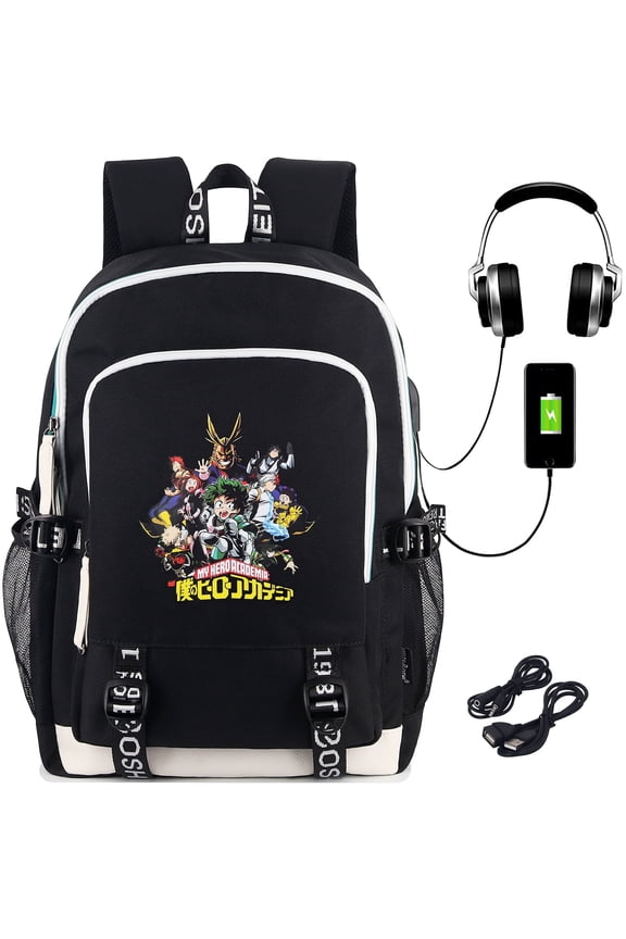 Oxford Anime Laptop Backpack with Compartments, USB & Headphone Ports, Manga Cosplay, Black