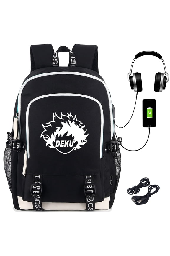 My Hero Academia Deku Luminous Laptop Backpack with USB Charging Port & Headphone Port, Black