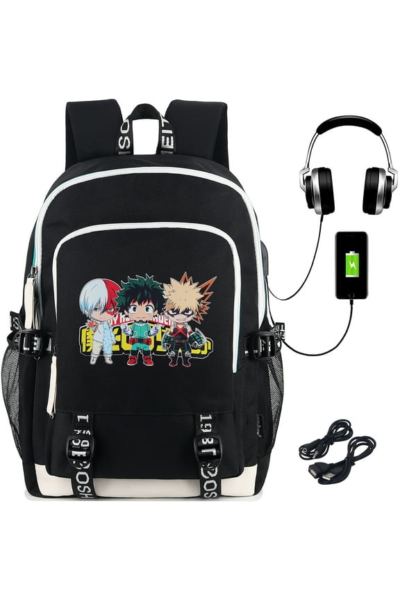 Anime My Hero Academia Printed Laptop Backpack with USB Charging and Headphone Ports
