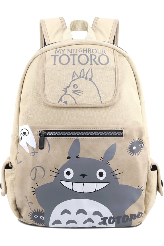 Unisex Anime My Neighbor Totoro Laptop Backpack, Canvas and Printed Leather, Beige