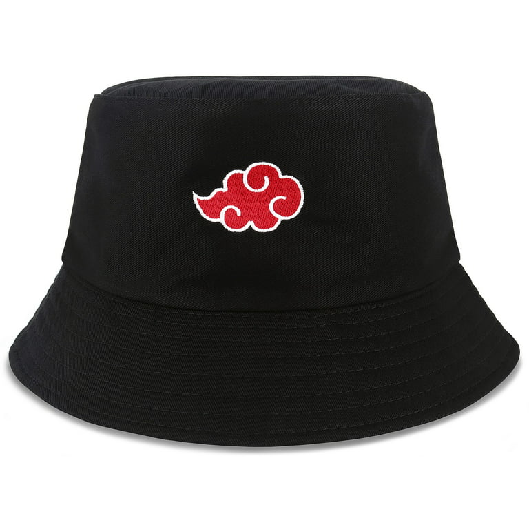 Roffatide Anime Naruto Akatsuki Red Cloud Bucket Hat Embroidered Cotton Fishing  Hat Reversible Double Side Wear Sun Hat Black 
