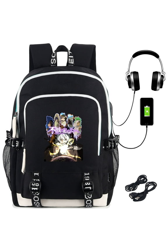 Anime Backpack with USB & Headphone Ports for Travel & Hiking, Black