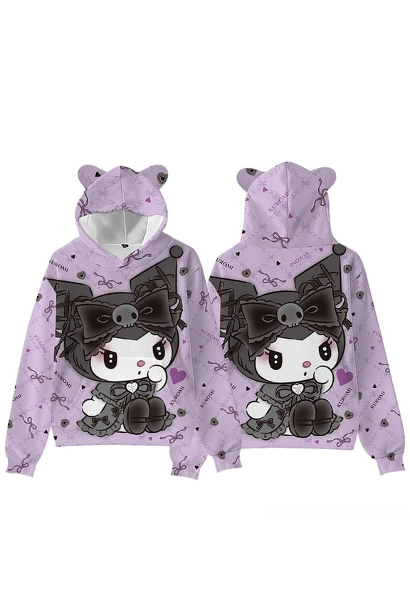 Kuromi 3D Graphic Print Hoodie Sweatshirt Womens Cartoon Long Sleeve Pullover Kawaii Cat Ears Hooded Sweater, S