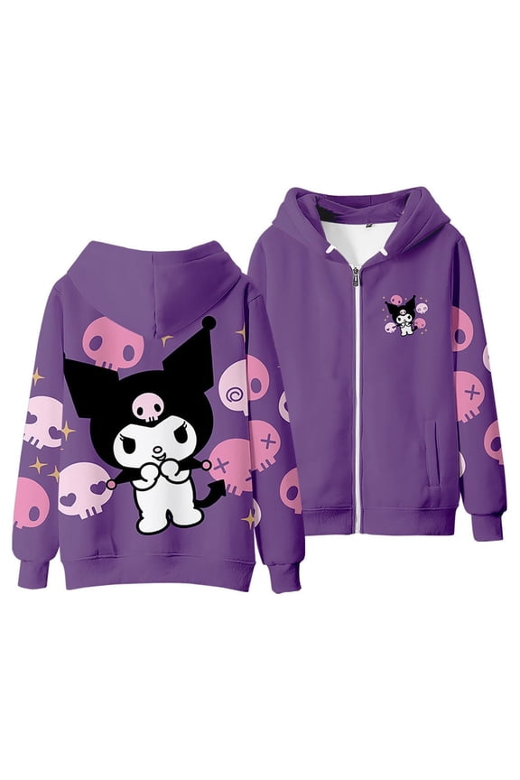 Kuromi Hoodie Sweatshirt Women's Long Sleeve Pullover Kawaii Cartoon Zipper Hooded Sweater, Style 6, M