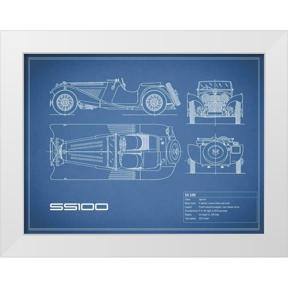 Rogan, Mark 14x12 White Modern Wood Framed Museum Art Print Titled - Jaguar SS-100-Blue