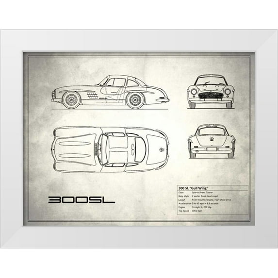 Rogan, Mark 24x19 White Modern Wood Framed Museum Art Print Titled - Mercedes 300SL Gullwing White