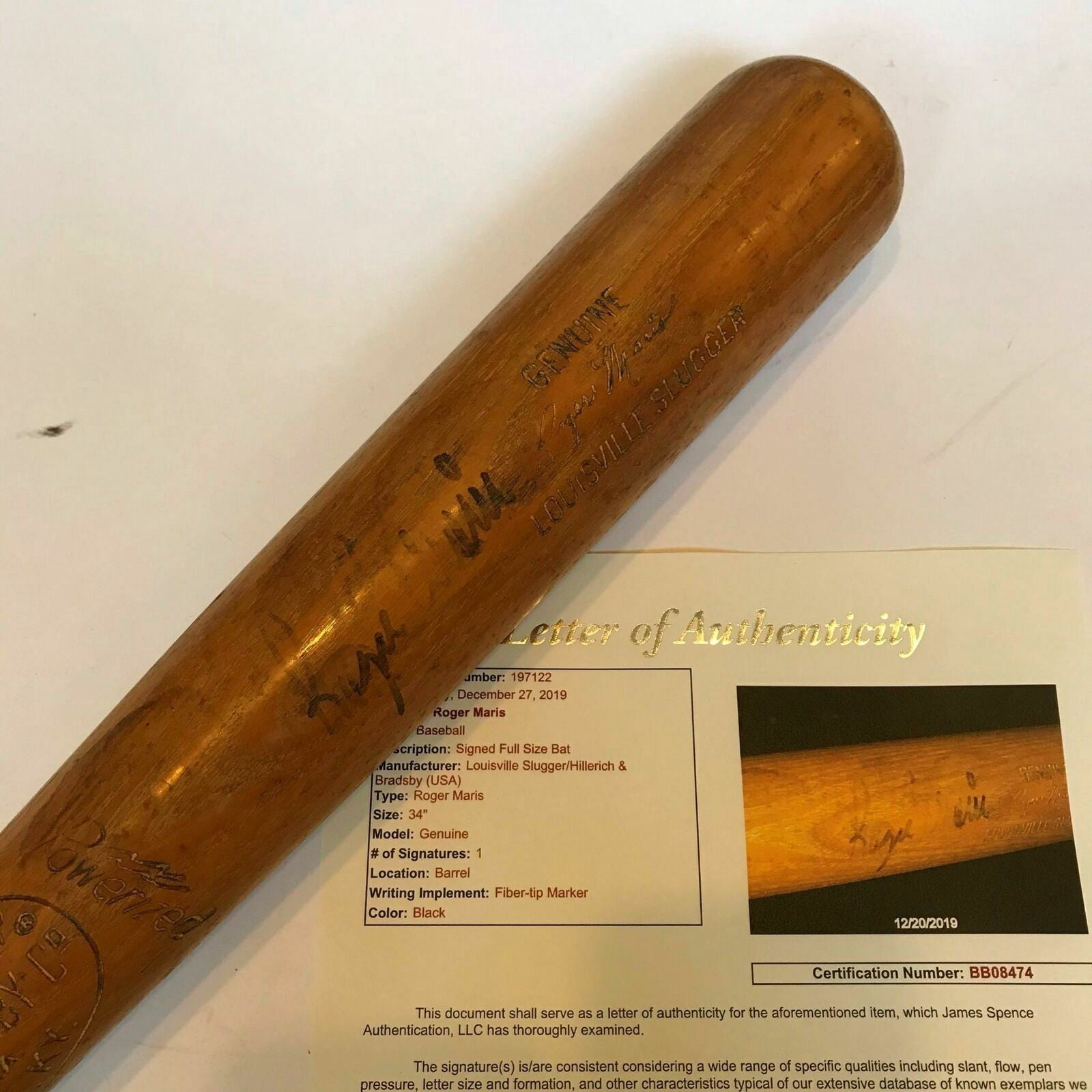 Roger Maris Signed 1965 Game Model Louisville Slugger Baseball Bat PSA  JSA COA