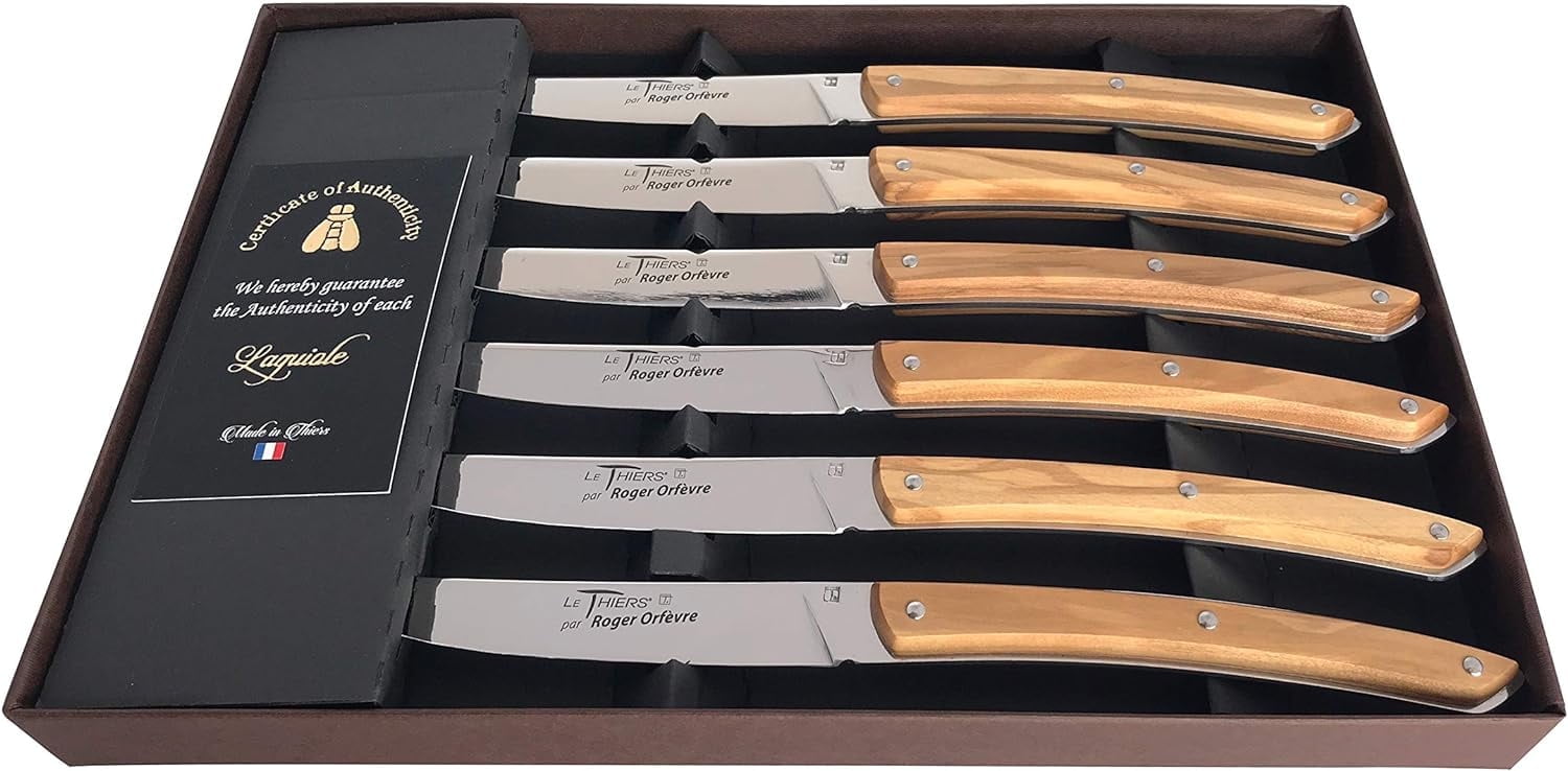 Roger Orfevre Laguiole Made in France Le Theirs Premium Straight Edge Sharp Full Tang Stainless Steel 6-Piece Steak Knife Set, Olive Wood Handles