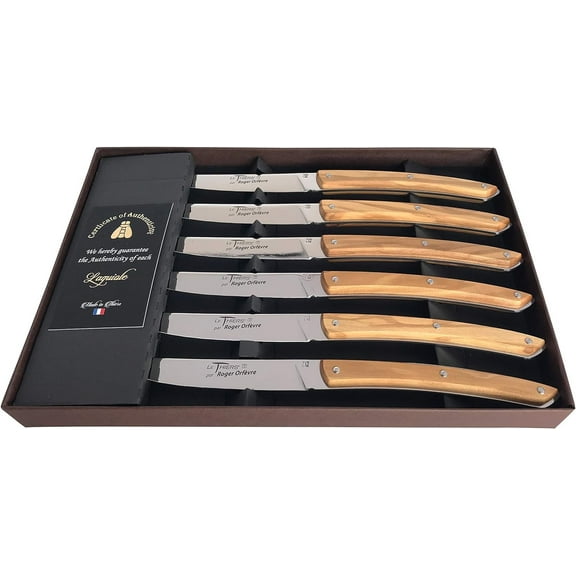 Roger Orfevre Laguiole Made in France Le Theirs Premium Straight Edge Sharp Full Tang Stainless Steel 6-Piece Steak Knife Set, Olive Wood Handles