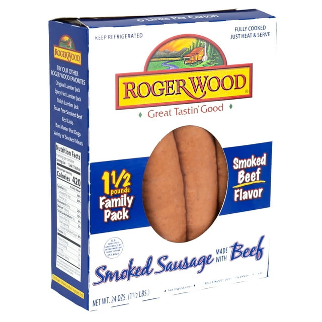 Roger Wood Beef Smoked Sausage 24 oz, Vacuum Sealed Plastic