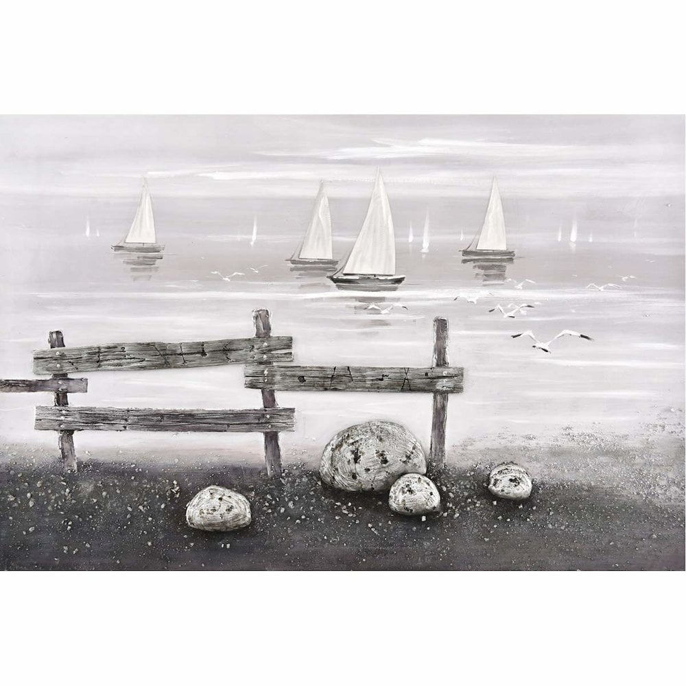 Grayscale Beach Scene Wall Art with Aluminum Accents