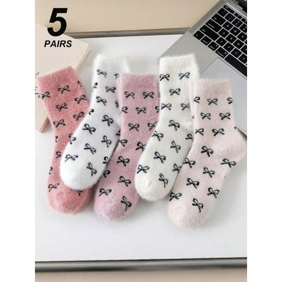 Rohajshop Women's Thick, Warm Fuzzy Socks With Bow Design, 5-Pack Comfort, Breathable, Cute Casual Fluffy Ankle Socks