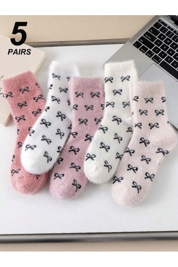 Women's Thick, Warm Fuzzy Socks With Bow Design, 5-Pack Comfort, Breathable, Cute Casual Fluffy Ankle Socks