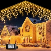 Rohatie Icicle Christmas Lights Outdoor,33 ft 400 LED Christmas Curtain String Lights with 8 Modes & Memory Timer Waterproof for Xmas Decorations,Warm White