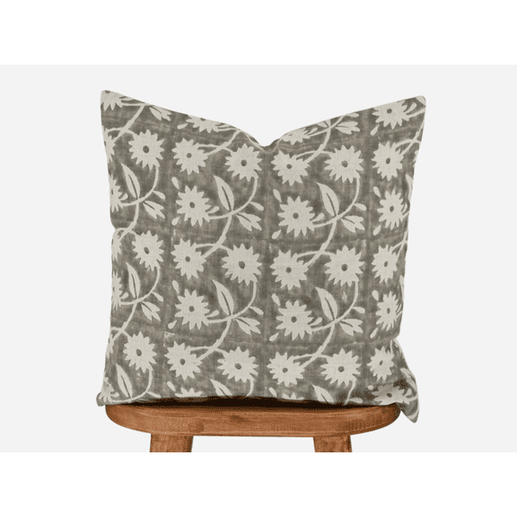 Rohiyaan Slate Gray Floral Block Print Linen Lumbar Pillow Cover, Handmade, 12 x 16 in, Single Sided