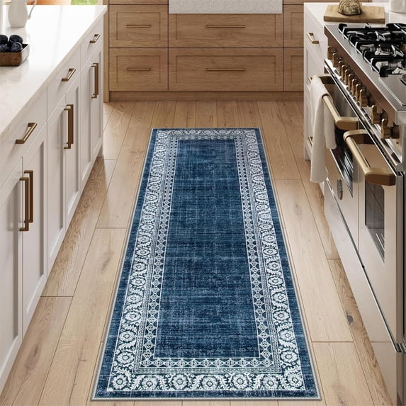 2x6 Blue Kitchen Rugs Non Slip Washable,Soft Carpet Runners for Hallway 6ft Bathroom Runner Rug,Vintage Bordered Indoor Rug Runner for Laundry Room Bedroom Entry(2'x6',Blue)