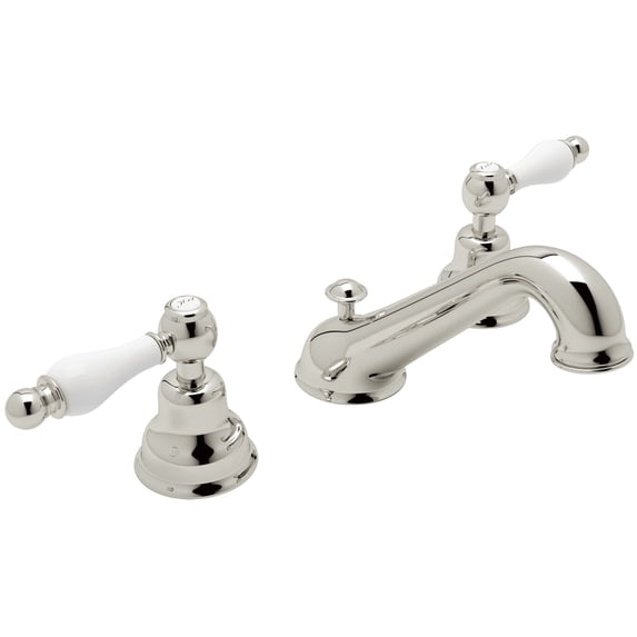 Rohl Arcana Widespread Lavatory Faucet In Polished Nickel With Ornate White Porcelain Levers And Pop-Up